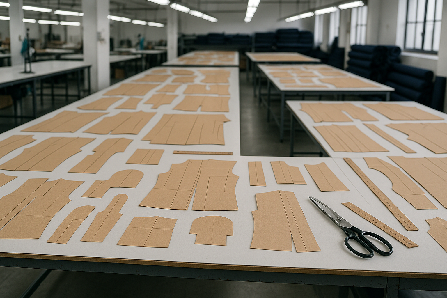 Moldes de papel, em fábrica de produção de uniformes